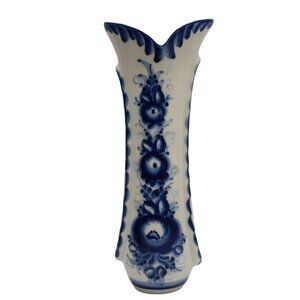 Vintage Gzhel Vase Russian Porcelain Floral Scalloped Edge Mouth